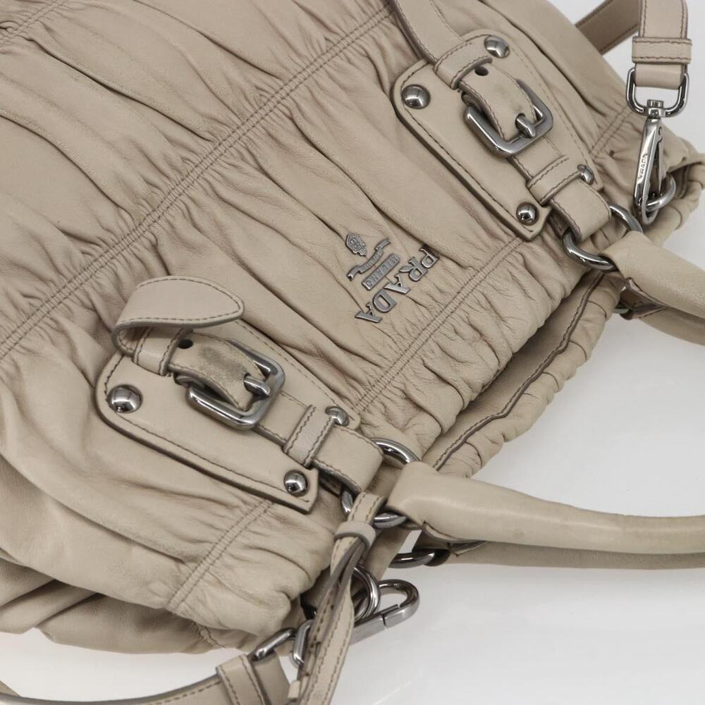 PRADA Gathered Hand Bag Leather 2way Beige Silver Auth yk19545 - Picture 6 of 16
